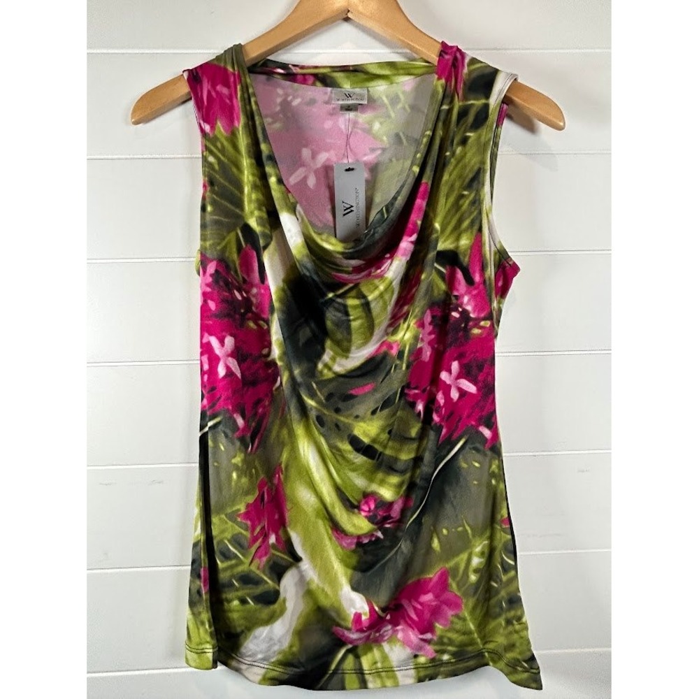 Worthington Womens Tropical Floral Cowl Neck Sleeveless Top Pink Green Small NWT
